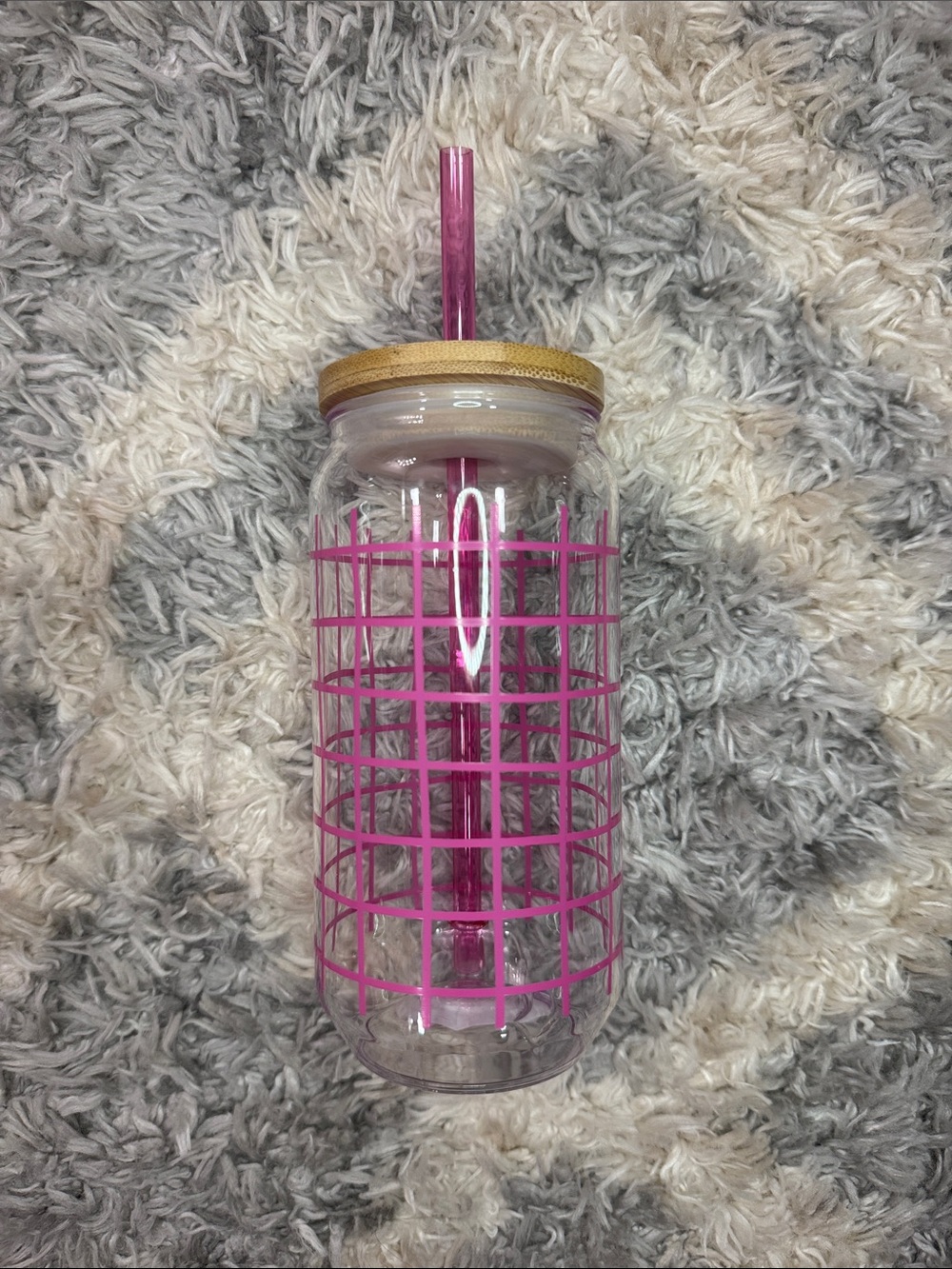 Hard Plastic Tumbler with Pink Grid and Straw